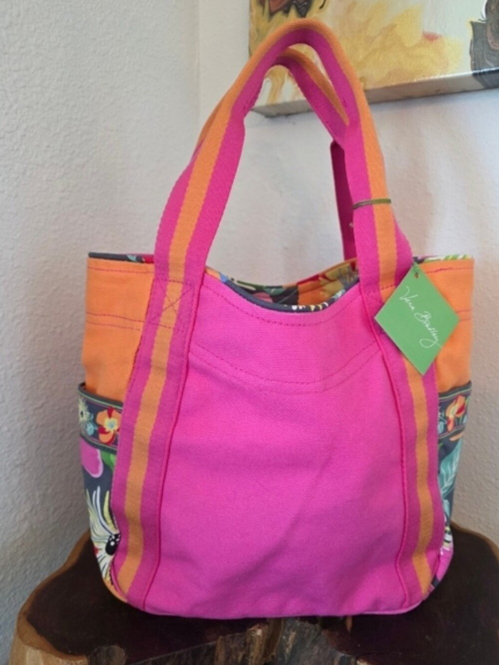 Vera Bradley Hot Pink & Orange Canvas Tote with Floral Trim NWT - Picture 3 of 16